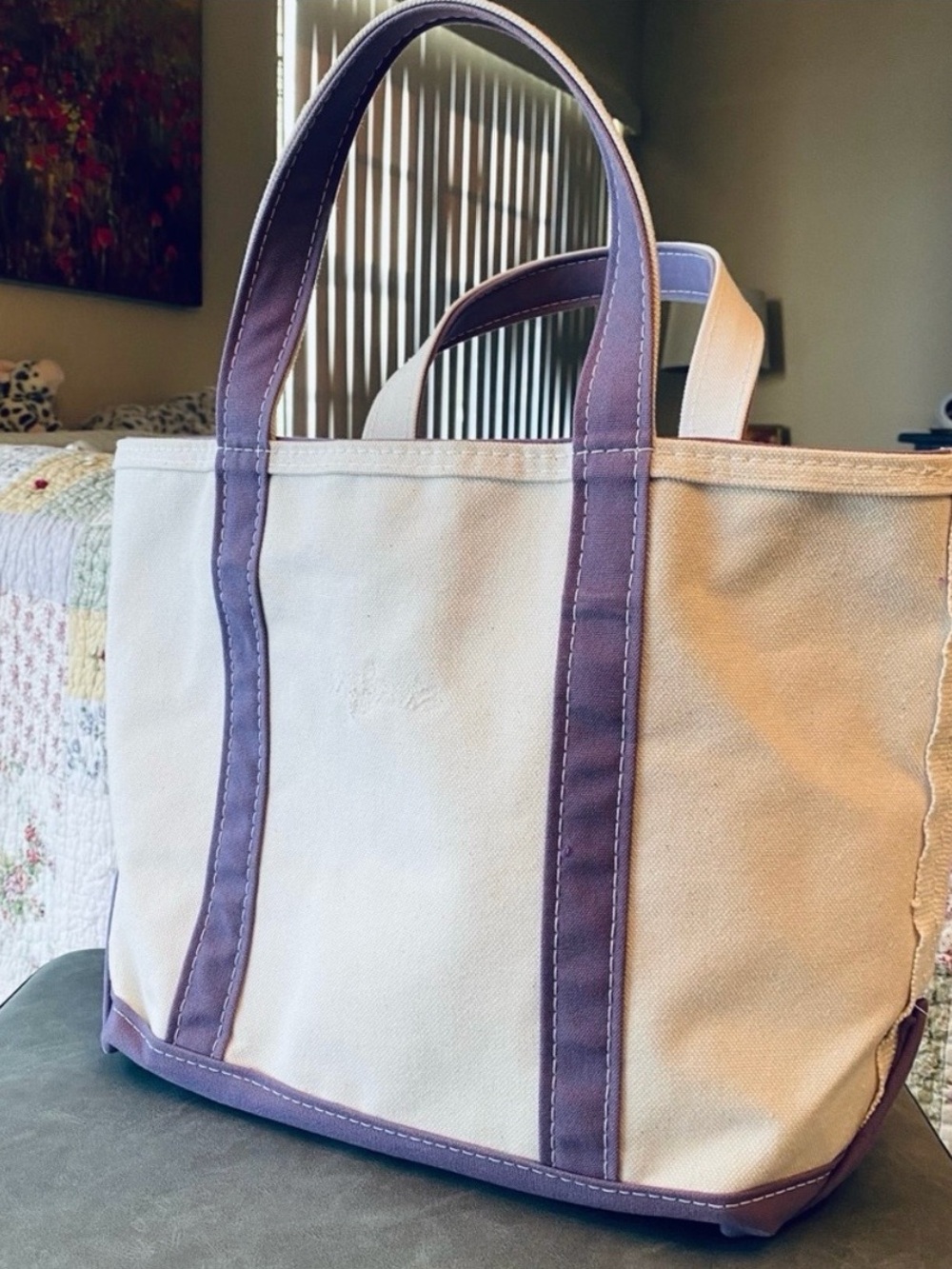 L.L. Bean Medium Cream and Purple Canvas Tote with Regular Handles - Picture 2 of 6